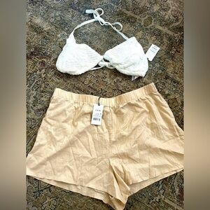 NWT Shade & Shore Women's White Bikini Top and Cream Shorts Set